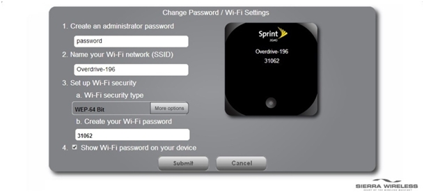 поля где можно изменить название точки доступа и пароль к ней sierra w801