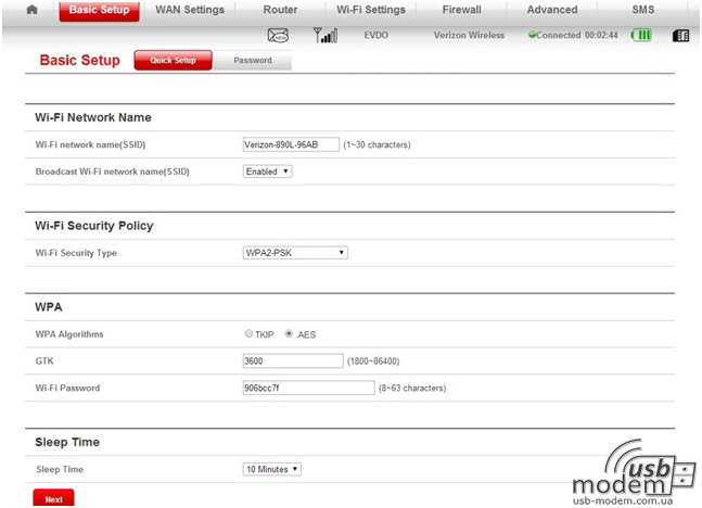 стандартні настройки роутера ZTE Jetpack 890L вкладка basic setup 