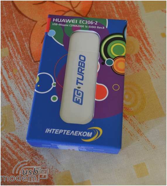  зовнішній вигляд 3g модему huawei ec 306 в коробці з логотипами оператора Інтертелеком 